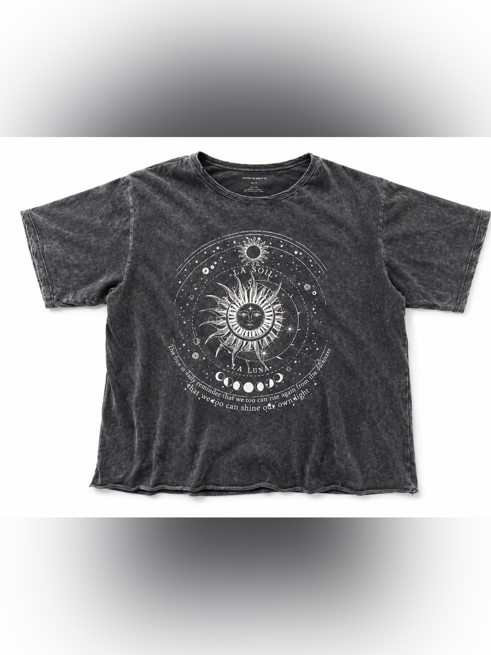 Caution To The Wind Black Washed Sun & Moon Cutoff Graphic Long Crop Tee